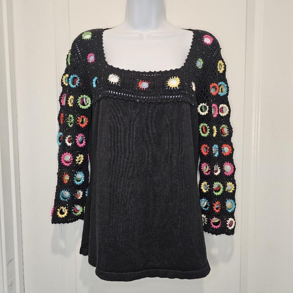 Vintage 90s Black Crochet Multicolor Ring Top Large Y2K Retro